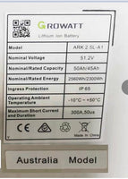 Growatt 48V 2.56kwh ARK 2.5LV Energy Storage Lithium Battery With Cable & Base